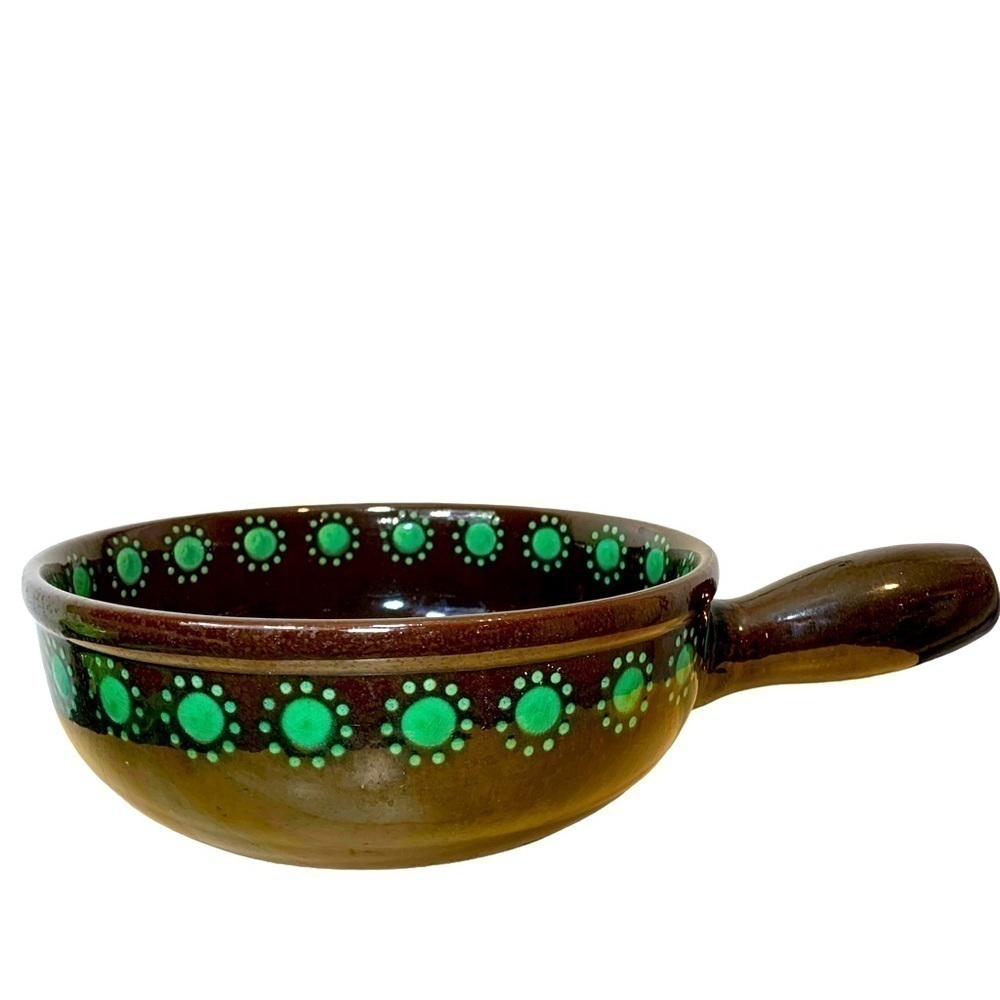 Vintage Landert 22 Suisse Fondue Pot Brown Green Floral Pottery Caquelon Pan